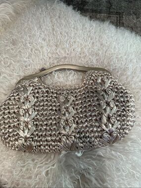 Vintage Woven Metallic Beige Straw Evening Clutch